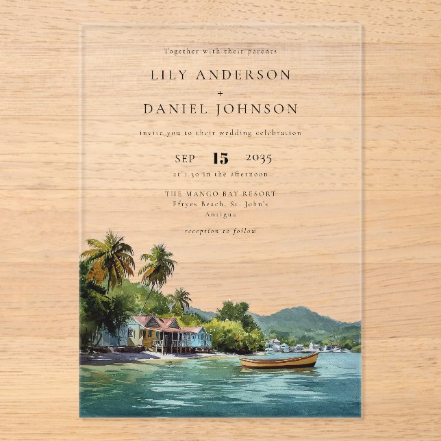 Watercolor Tropical Caribbean Destination Wedding Acrylic Invitations (Front)