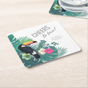 Watercolor Tropical Cheers to Love Teal ID577 Square Paper Coaster