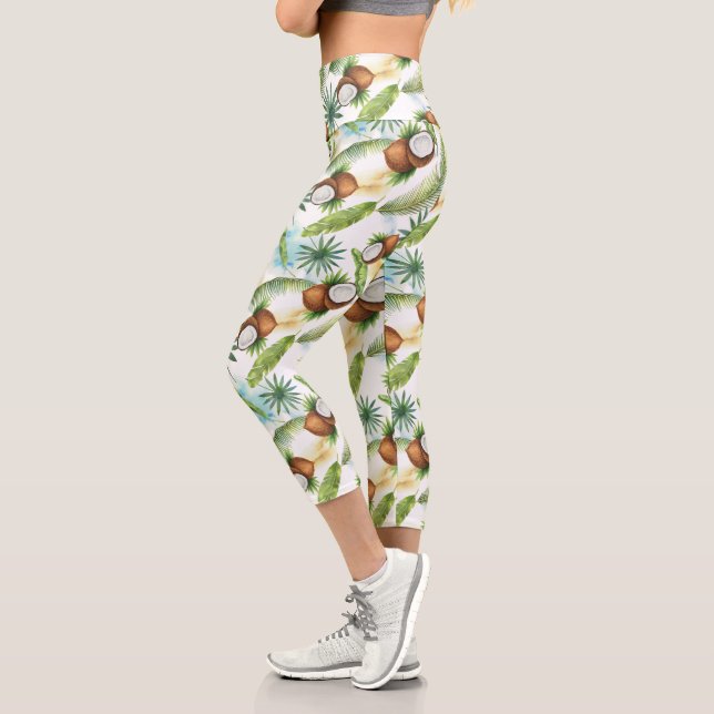 Watercolor Tropical Coconut Pattern Capri Leggings (Left)