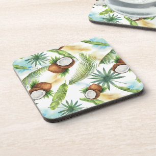 Watercolor Tropical Coconut Pattern Coaster
