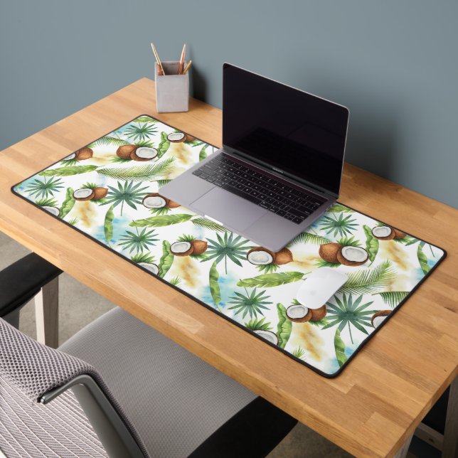 Watercolor Tropical Coconut Pattern Desk Mat (Office 2)