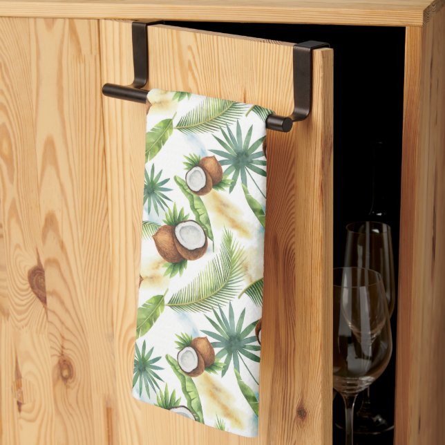 Watercolor Tropical Coconut Pattern Kitchen Towel (Thirds Fold)
