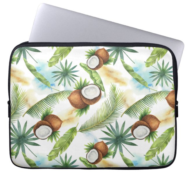 Watercolor Tropical Coconut Pattern Laptop Sleeve (Front)