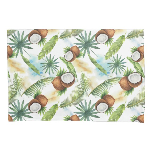 Watercolor Tropical Coconut Pattern Pillowcase (Front-Left)
