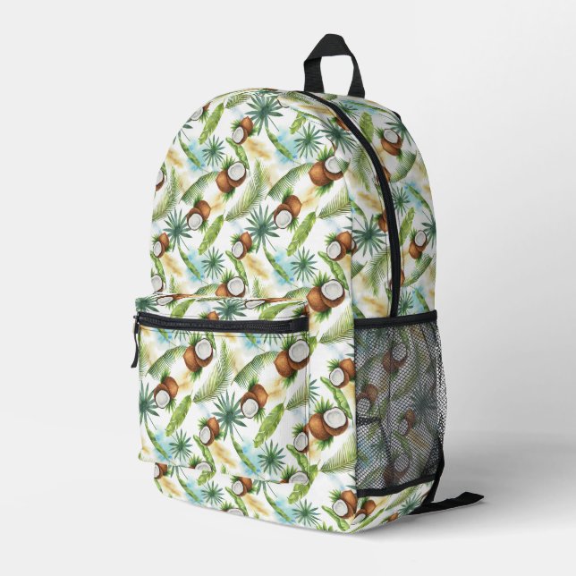 Watercolor Tropical Coconut Pattern Printed Backpack (Back Corner Right)