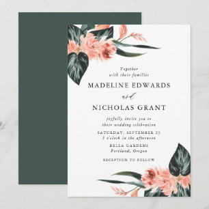 Watercolor Tropical Coral Floral Bouquet Wedding Invitation