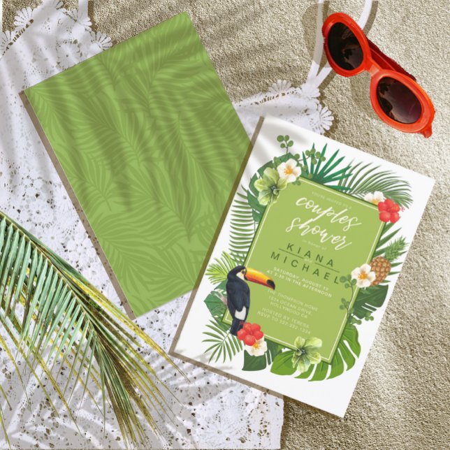 Watercolor Tropical Couples Shower Green ID577 Invitation (Front/Back In Situ)