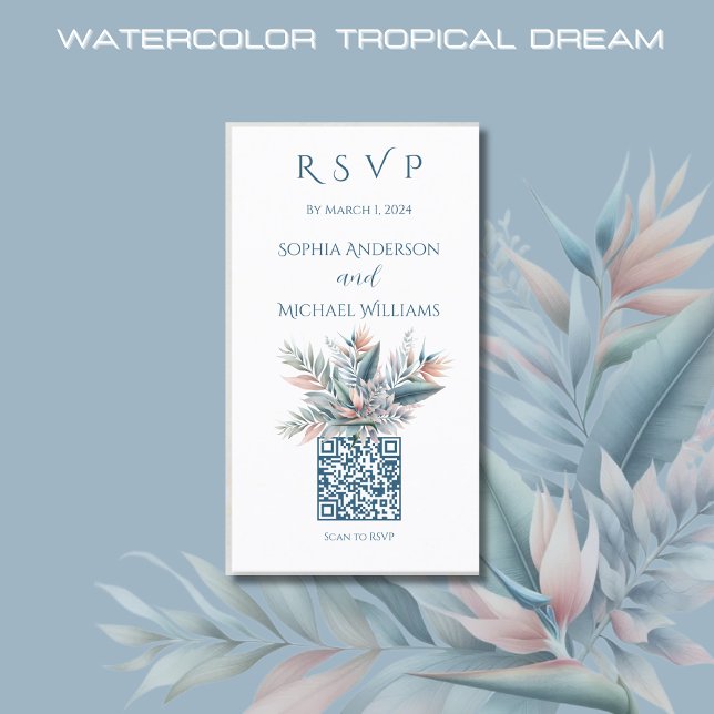 Watercolor Tropical Dream-RSVP-QR code- Business Card (Watercolor Tropical Dream Wedding RSVP QR code-Coastal-Pastel Colors)