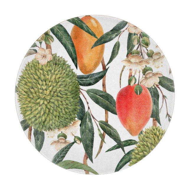 Watercolor tropical durian, mango pattern. cutting board (Front)