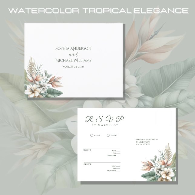 Watercolor Tropical Elegance-RSVP-Wedding- Postcard (Watercolor Tropical Elegance Wedding Collection-RSVP- Green and Peach)
