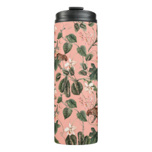 Watercolor tropical exotic pattern with orchid, gr thermal tumbler