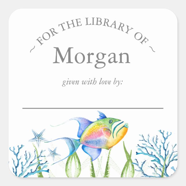 Watercolor Tropical Fish Bookplate Square Sticker (Front)