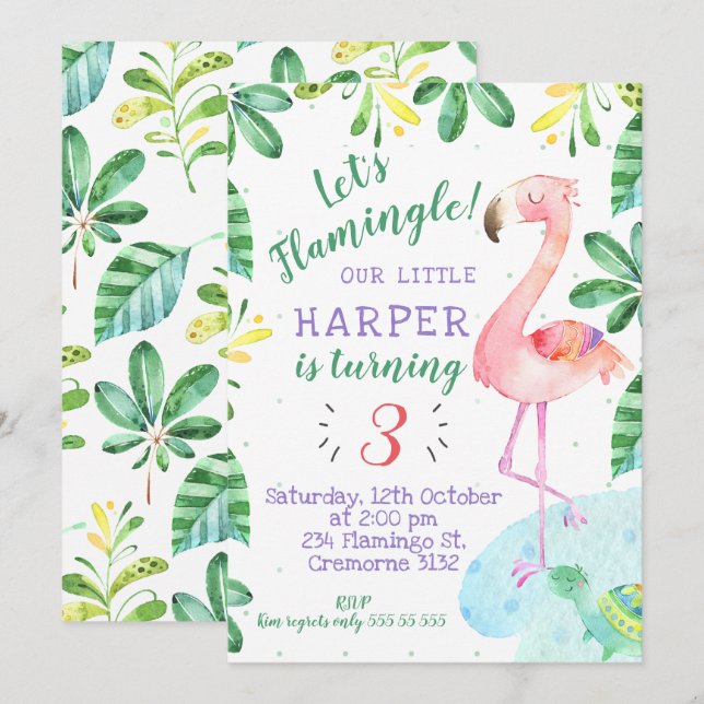 Watercolor Tropical Flamingo Birthday Invitation (Front/Back)