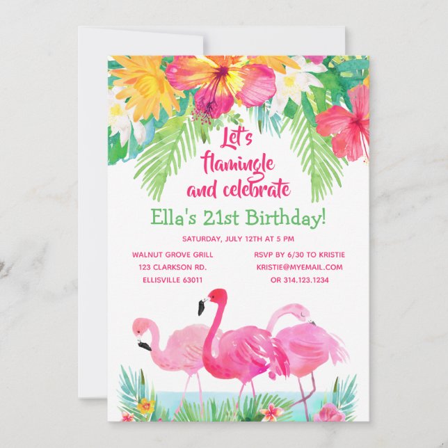 Watercolor Tropical Flamingo Birthday Invitation (Front)
