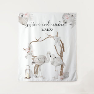 Watercolor Tropical Flamingo Boho White Floral  Tapestry