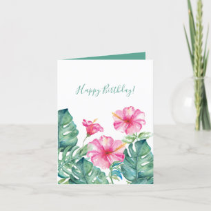 Watercolor Tropical Floral and Green Birthday Card