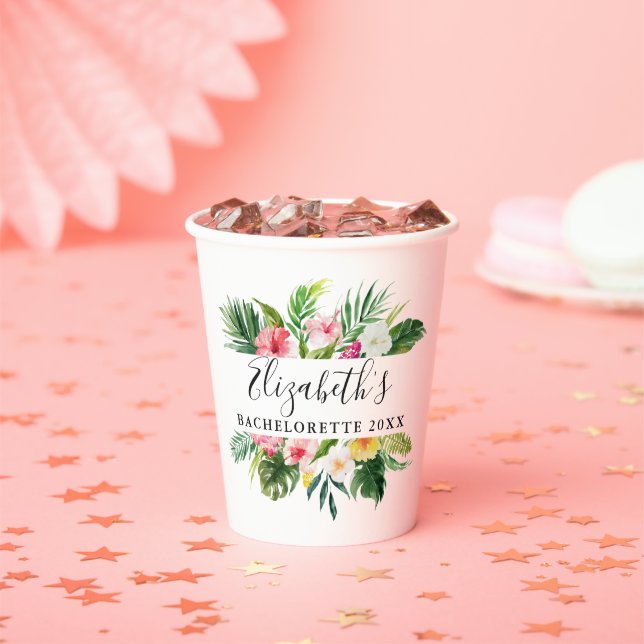 Watercolor Tropical Floral Bachelorette Party Paper Cups (Insitu)
