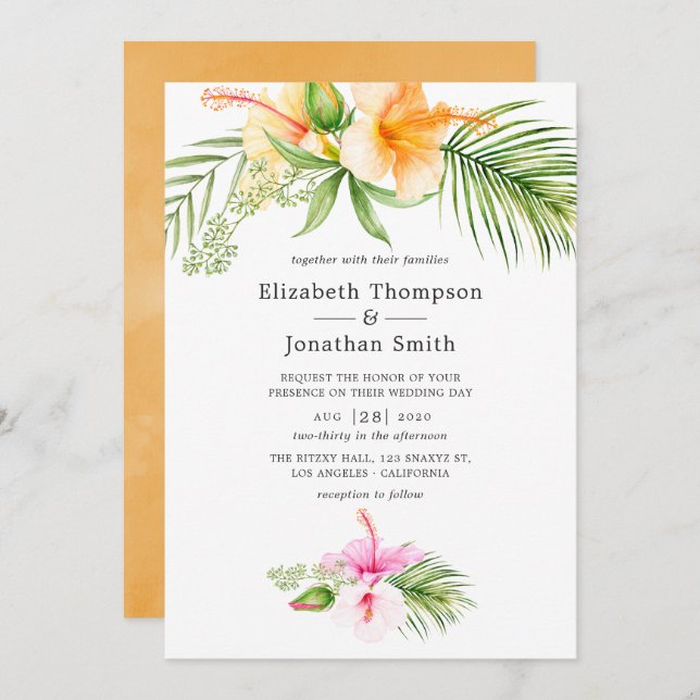 Watercolor Tropical Floral Beach Wedding Invitation (Front/Back)