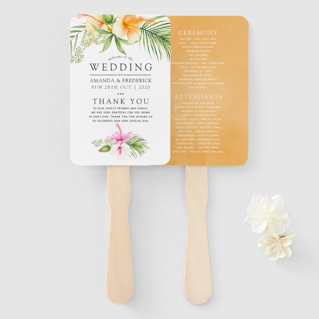 Watercolor Tropical Floral Beach Wedding Program Hand Fan (Front and Back)