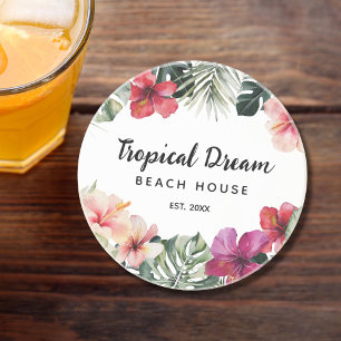 Watercolor Tropical Floral Botanical Beach House Coaster