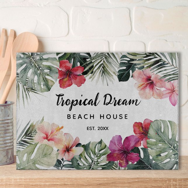 Watercolor Tropical Floral Botanical Beach House Cutting Board (In situ)