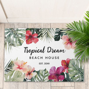 Watercolor Tropical Floral Botanical Beach House Doormat
