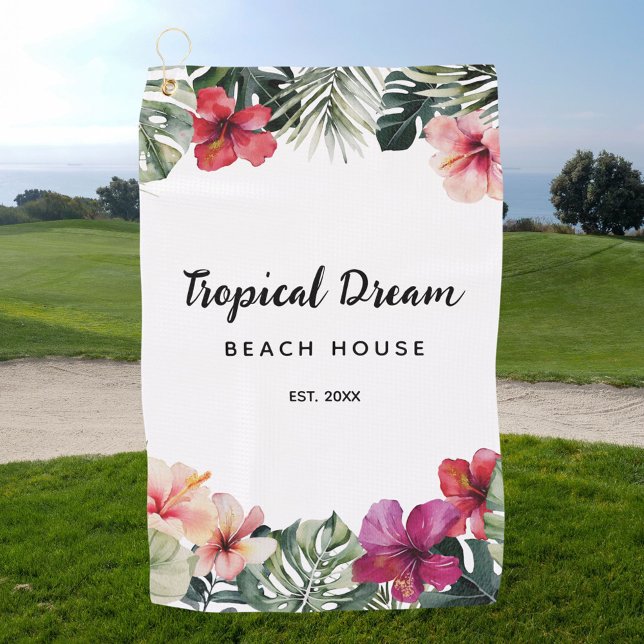 Watercolor Tropical Floral Botanical Beach House Golf Towel (In situ)