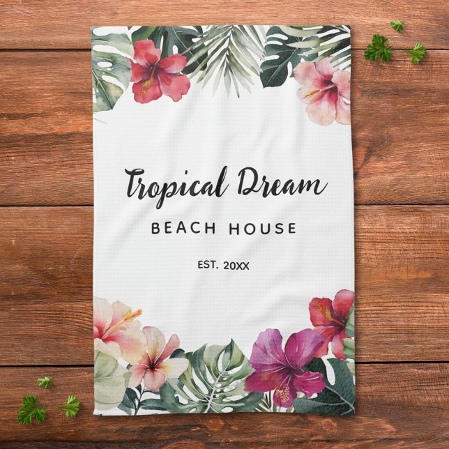 Watercolor Tropical Floral Botanical Beach House Kitchen Towel (In situ)
