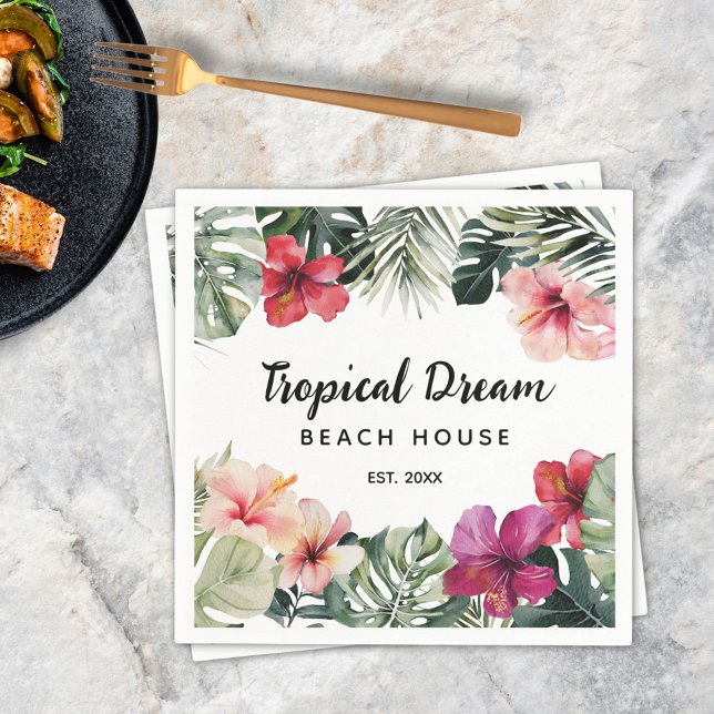 Watercolor Tropical Floral Botanical Beach House Napkin (In situ)