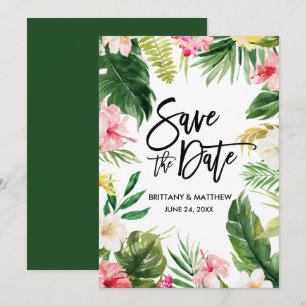 Watercolor Tropical Floral Brush Script Green Save The Date