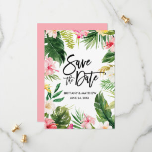Watercolor Tropical Floral Brush Script Pink Save The Date