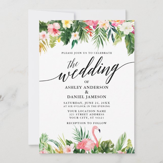Watercolor Tropical Floral Calligraphy Wedding Invitation (Front)