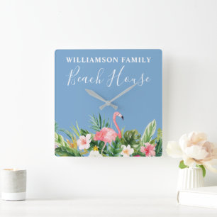 Watercolor Tropical Floral Family Beach Blue Square Wall Clock