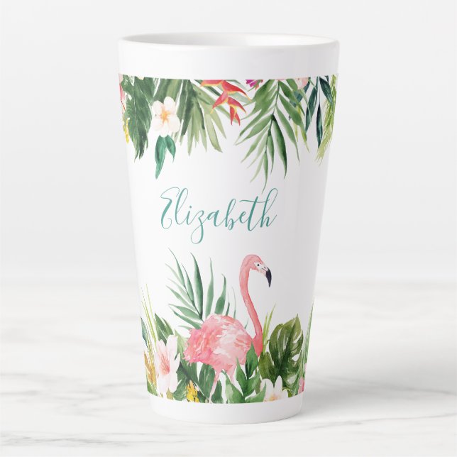 Watercolor Tropical Floral Flamingo Teal Large Latte Mug (Front)