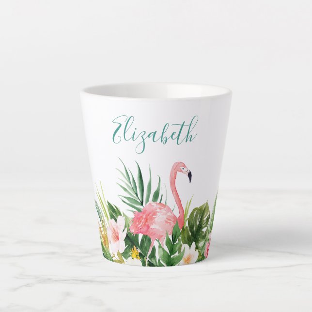 Watercolor Tropical Floral Flamingo Teal Name Latte Mug (Front)
