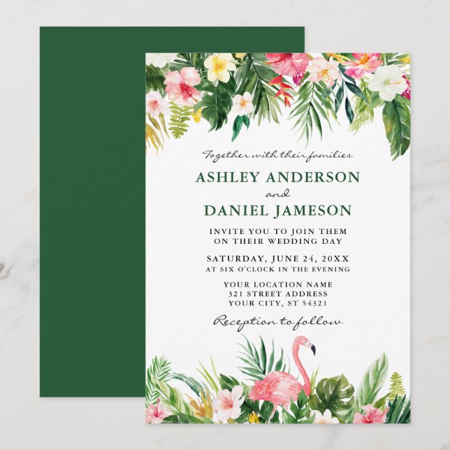 Watercolor Tropical Floral Flamingo Wedding Green Invitation (Front/Back)