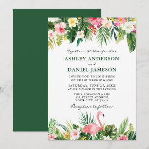 Watercolor Tropical Floral Flamingo Wedding Green Invitation