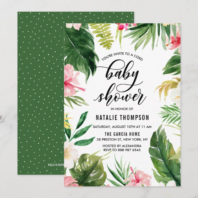 Watercolor Tropical Floral Frame Coed Baby Shower Invitation (Front/Back)