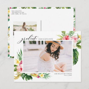 Watercolor Tropical Floral Frame Photo Graduation Invitation Postcard