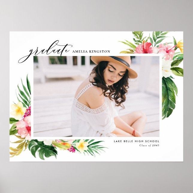 Watercolor Tropical Floral Frame Photo Graduation Poster (Front)