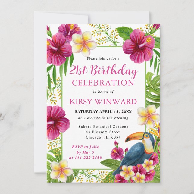 Watercolor Tropical Floral Frame Toucan Birthday Invitation (Front)