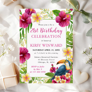 Watercolor Tropical Floral Frame Toucan Birthday Invitation