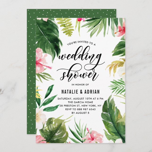 Watercolor Tropical Floral Frame Wedding Shower Invitation (Front/Back)