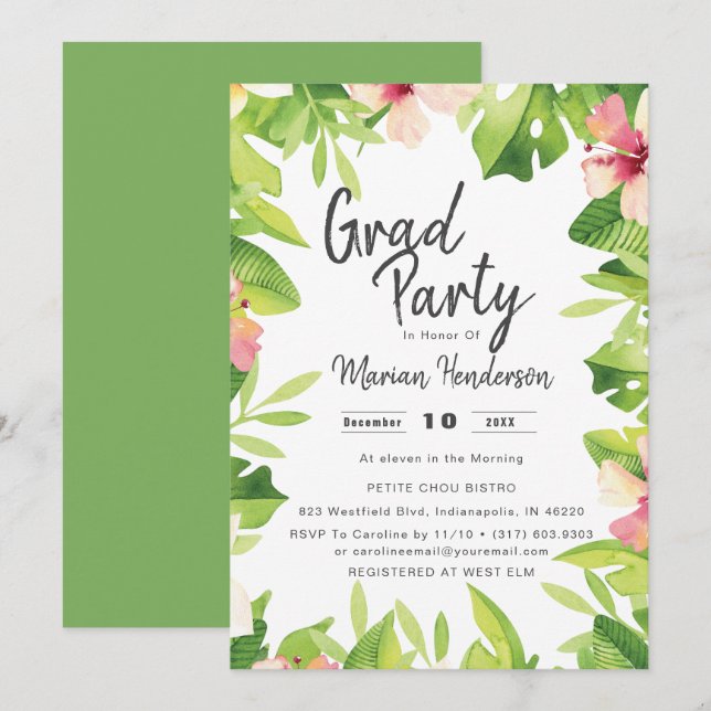 Watercolor Tropical Floral Graduation Party Invitation (Front/Back)