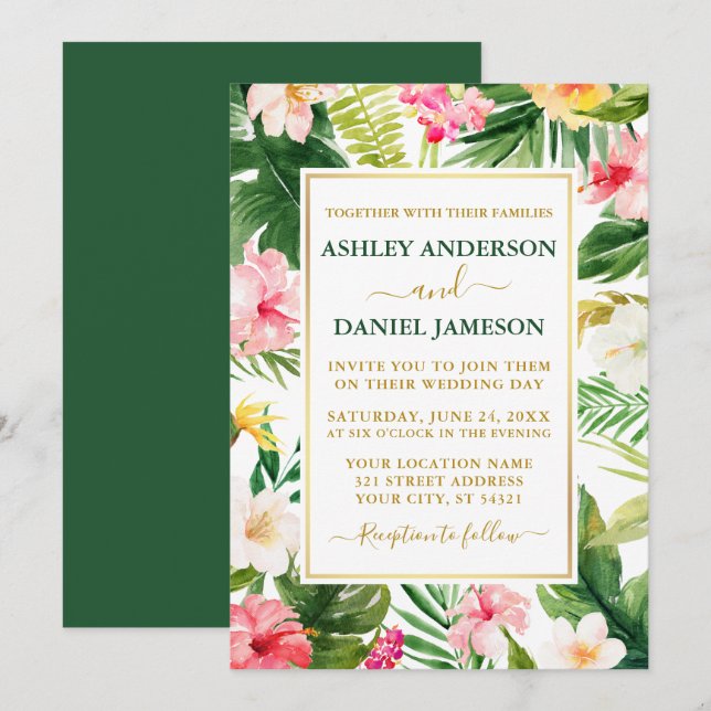 Watercolor Tropical Floral Green Gold Wedding Invitation (Front/Back)