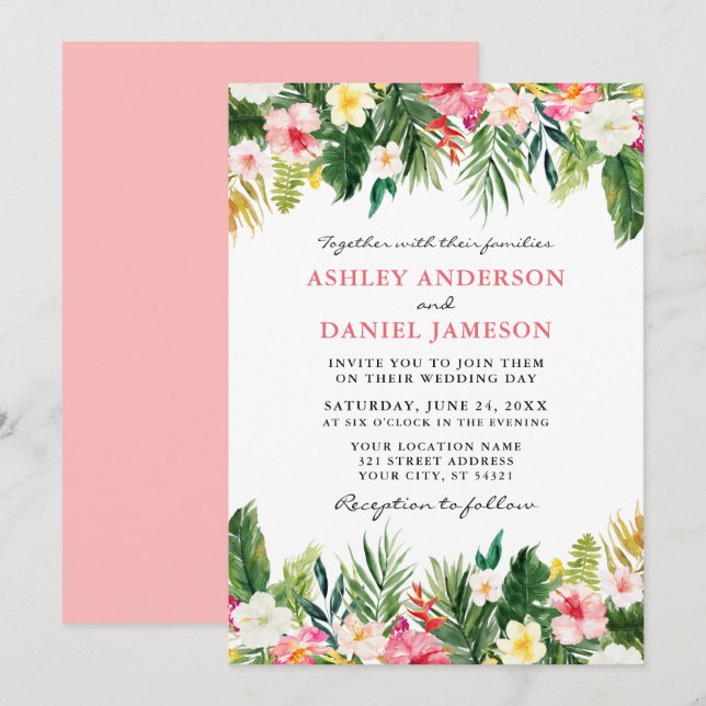 Watercolor Tropical Floral Greenery Wedding Pk Invitation (Front/Back)