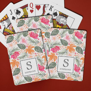 Watercolor Tropical Floral Pattern with Monogram Playing Cards