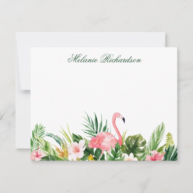 Watercolor Tropical Floral Pink Flamingo Green Card (Front)