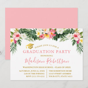 Watercolor Tropical Floral Pink Gold Grad Party Invitation