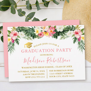 Watercolor Tropical Floral Pink Gold Grad Party Invitation